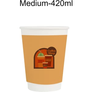 A medium, 420ml double wall paper cup in orange with a logo, designed for hot beverages.