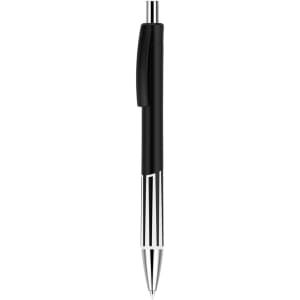 A colourful pen with a black barrel and silver accents, featuring a clip and a brand logo.