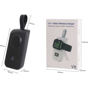 A portable black power bank with a loop for carrying, alongside its packaging displaying a wireless watch charger design.
