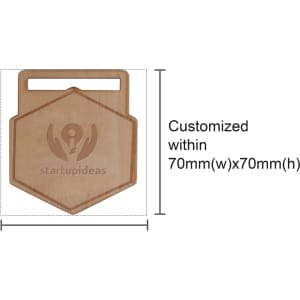 Custom-shaped wooden medal in a hexagonal design, featuring a lanyard attachment for easy wear.