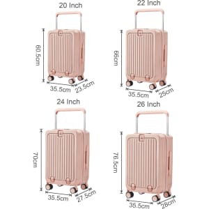 A travel hardside suitcase in pink, featuring multiple sizes with dimensions and a handle and wheels for mobility.
