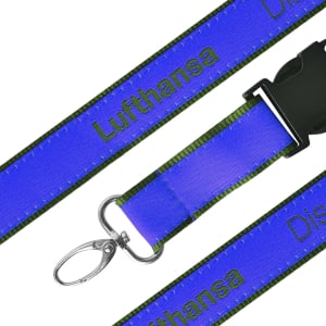 A detailed woven lanyard in blue with a green accent, featuring a clasp and a branding logo.