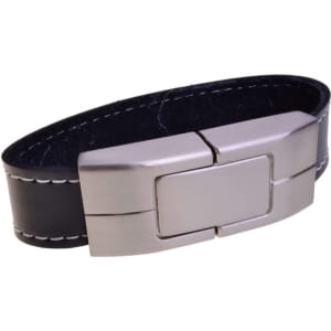 A black leather bracelet with a silver metallic clasp and a branding logo.