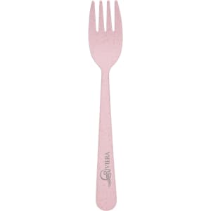 A pink fork made from eco-friendly material, featuring a logo.
