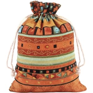 A drawstring bag in vibrant orange and blue patterns, featuring a decorative design and contrasting rope closure.