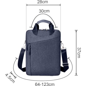 A blue laptop bag with a shoulder strap, top handles, and dimensions displayed. It features a logo.