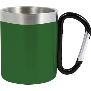 A green stainless steel double-walled mug with a black carabiner handle and a silver rim.