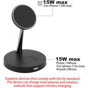 A black MagSafe 2-In-1 wireless charger with a circular pad and upright stand for phones and earbuds.