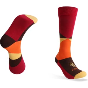Mid-calf socks in a bold pattern featuring red, orange, brown, and yellow colours, with a logo on one sock.