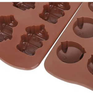 Custom shaped moulded ice cube tray featuring brown silicone, with various animal and object designs.