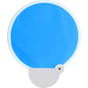 A blue foldable fan with a grey handle, featuring a circular design and a button for opening and closing.