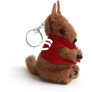 A brown plush kangaroo keychain toy with a red scarf, featuring a small loop for attachment.