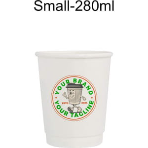 A white double wall paper cup with a circular logo, featuring a cartoon character and text in green and red.