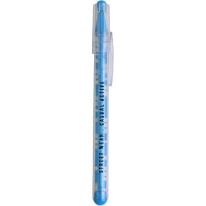 A blue Puzzle Maze Pen with a transparent barrel and a clip, featuring a logo on the side.