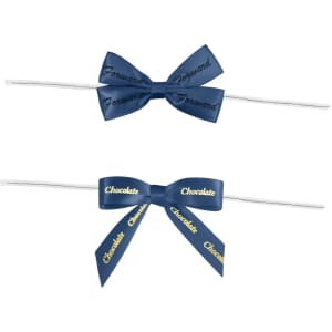 Two navy blue twist tie bows with white ribbons, featuring the words "Forward" and "Chocolate" on the bows.