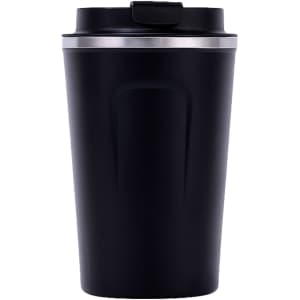 A stainless steel coffee mug in matte black with a silver band around the top and a black lid.