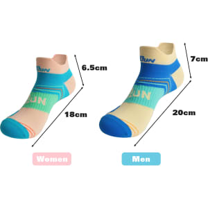 A pair of no-show running socks in pastel shades, featuring blue and peach accents, with a logo on each sock.