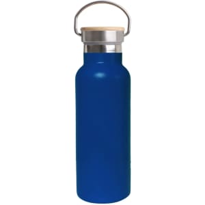 A drink bottle in vibrant blue with a stainless steel lid and bamboo accents, featuring a carrying handle.