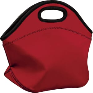 A red neoprene lunch bag with a black trim and handle, featuring a stitched design and a soft, flexible body.