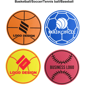 Four round sports-themed mats in orange, blue, yellow, and pink, featuring various designs and a logo on each.