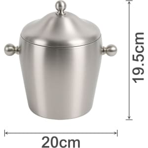 A stainless steel ice bucket with a shiny finish, featuring a lid and two side handles. It measures 20cm in diameter and 19.5cm in height.