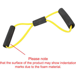 A Figure 8 resistance band with yellow rubber tubing and black foam handles, featuring a logo on the handles.