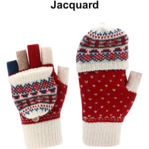 A pair of red jacquard fingerless gloves with a flip cover, featuring a patterned knitted design in cream, blue, and red.