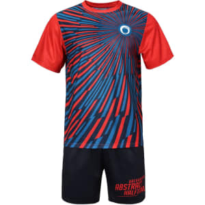 A red and blue sublimated tee shirt with an abstract design, paired with black shorts and featuring a logo.