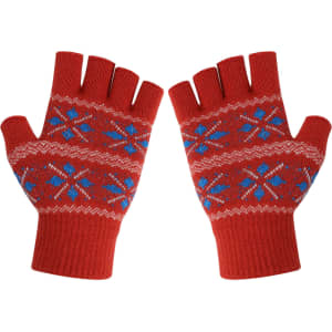 Fingerless gloves in red with a blue and white floral jacquard pattern, featuring an embroidered logo.