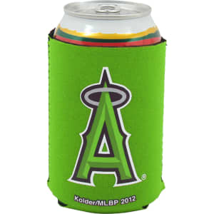 A green foldable stubby holder featuring a logo, designed to fit a standard drink can.