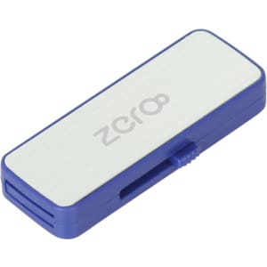 A blue and white sliding flash drive with a smooth surface and a branding logo.
