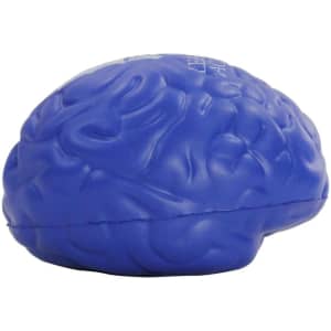 A blue brain-shaped stress reliever with textured detailing and a small logo on one side.