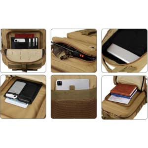 A tactical backpack in tan with various compartments, including a laptop sleeve and pockets for accessories and documents.