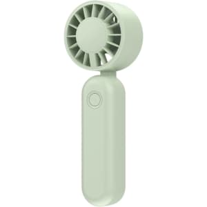 A foldable handheld fan in soft green, featuring a circular fan head and a sleek handle with a button.