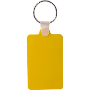 A yellow rectangular keyring with a silver ring attachment. It features a smooth, matte finish.