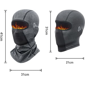 A balaclava cycling face mask in grey, featuring a flame design on the eye area and dimensions provided.