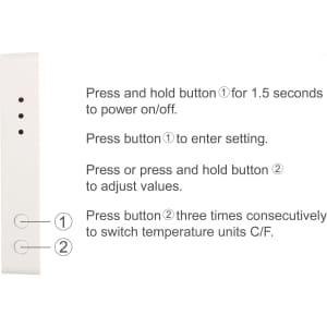 A white digital thermometer with buttons for settings and temperature unit adjustments. Features three indicator dots.