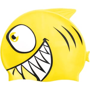 A silicone swim cap in bright yellow with a playful fish design featuring bold black accents.