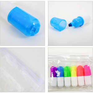 A set of capsule highlighters in vibrant colours: pink, purple, green, blue, and yellow, displayed in a clear pouch.