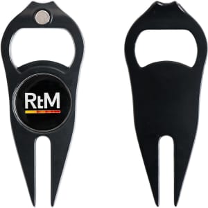 A black golf divot tool featuring a ball marker and bottle opener, with a logo on one side.