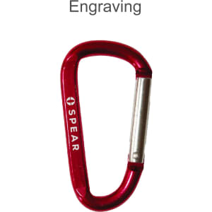A red 6cm carabiner with a silver attachment, featuring a logo on one side.