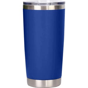 A drink bottle featuring a blue exterior and stainless steel base, with a double wall design and a clear lid.