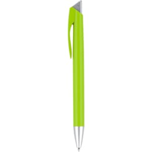 A green plastic pen with a silver tip and clip, featuring a logo on the barrel.