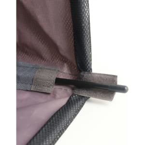 A close-up of a black laundry basket with wheels, featuring a mesh material and a pole secured in place.