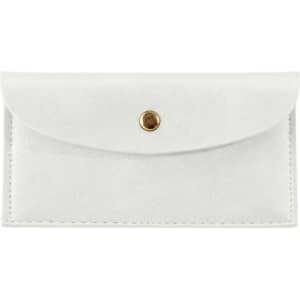 A white PU leather glasses pouch with a snap closure and a gold button detail, featuring a smooth finish.