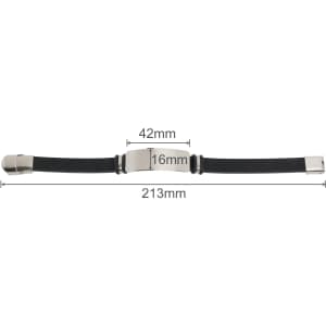 A black colour engraved bracelet with silver accents and specific measurements displayed. It has a sleek, modern design.