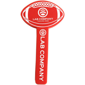A red promotional cheer stick shaped like a rugby ball, featuring a logo and text.
