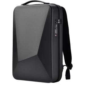 A black expandable hardshell backpack featuring a geometric design and a shoulder strap for easy carrying.