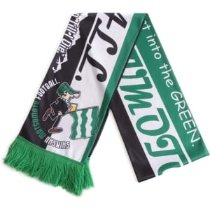 A polyester scarf in green, black, and white, featuring graphics and fringe detailing. It has a logo on one side.