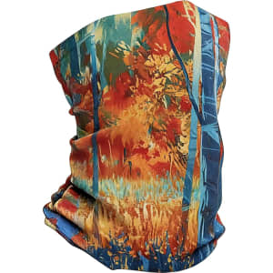 A vibrant, multi-coloured brushed Lycra warm gaiter showcasing autumn foliage in reds, oranges, and blues, featuring a logo.